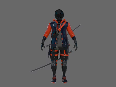 Ninja Like Warrior in Orange Dark Blue Outfit with Black Helmet Armor and Samurai Swords 3d model