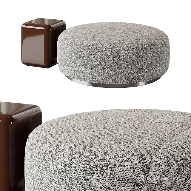 Gray Fabric Ottoman With Round Design And Metal Base For Living Room 3d model 