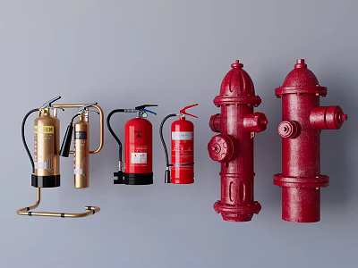 Essential Fire Safety Equipment Including Red Extinguishers and Hydrants 3d model