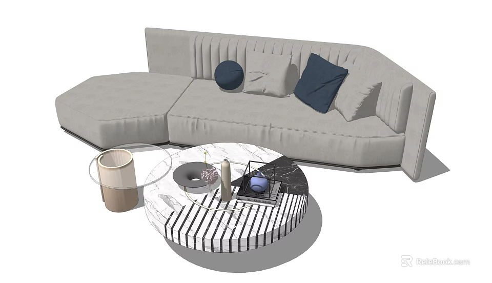 Light Gray Sectional Sofa With Navy Blue Pillows And Round Coffee Table Decorative Items 3d model