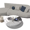 Light Gray Sectional Sofa With Navy Blue Pillows And Round Coffee Table Decorative Items 3d model