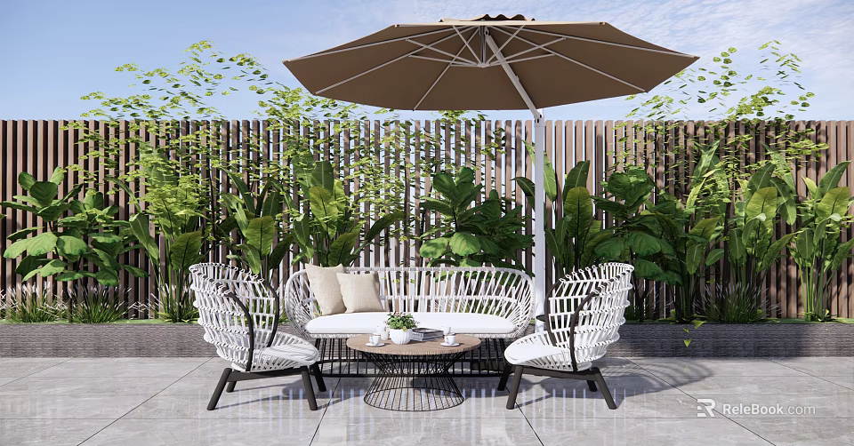 White Wicker Outdoor Sofa with Umbrella Chairs and Coffee Table in Lush Patio Garden 3d model 