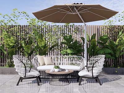 White Wicker Outdoor Sofa with Umbrella Chairs and Coffee Table in Lush Patio Garden 3d model