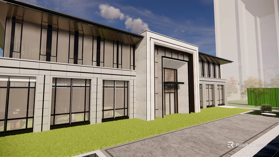 Modern Sales Office Building With Glass Windows Lawn And Paved Path 3d model 