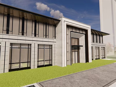 Modern Sales Office Building With Glass Windows Lawn And Paved Path 3d model