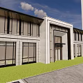 Modern Sales Office Building With Glass Windows Lawn And Paved Path