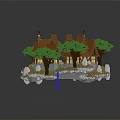 Cartoon Lego Scene With Traditional Buildings Brown Roofs Green Trees White Statues And Courtyard