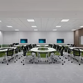 Modern School Meeting Room With Round Table Green Chairs Large Screens And Wooden Walls