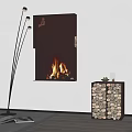 Modern Black Wall Fireplace Burning Flames With Metal Floor Lamp Stacked Logs Light Grey Wall