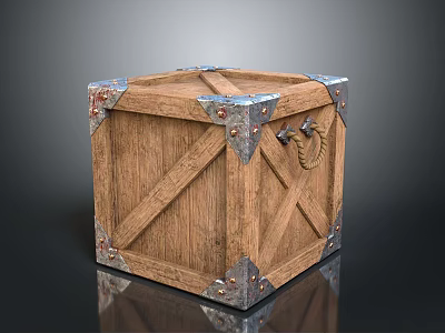 Vintage Wooden Chest Furniture With Metal Corners And Rope Handle Design 3d model