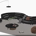 Modern Living Room Curved Black Leather Sofa and Round Coffee Table Set with Floor Lamp