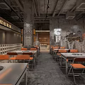 Industrial Vintage Hotpot Restaurant Interior With Weathered Brick Walls Arched Structure And Orange Chairs