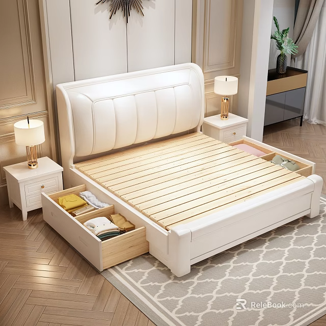 White Upholstered Bed Frame With Storage Drawers in Modern Bedroom With Nightstands And Lamps 3d model 