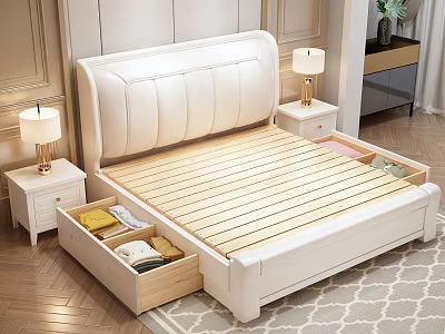 White Upholstered Bed Frame With Storage Drawers in Modern Bedroom With Nightstands And Lamps 3d model