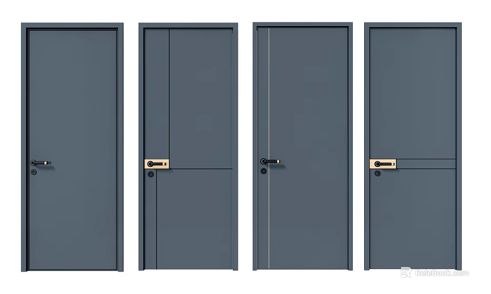 Gray Modern Swing Doors With Different Panel Styles And Metal Handles 3d model