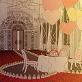 Elegant Banquet Hall With Chandeliers Large Windows Red Carpet Central Table And Heart Decorations