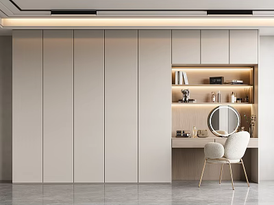Modern Minimalist Beige Wardrobe Interior With Dressing Table LED Strip Lights And Sleek Design 3d model