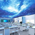 Spacious Modern School Laboratory With Starry Sky Ceiling Lab Tables White Cabinets And Plants