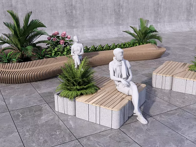 Outdoor Landscape Seating With Wooden Stone Benches Palm Trees And Pink Flowers 3d model
