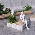 Outdoor Landscape Seating With Wooden Stone Benches Palm Trees And Pink Flowers