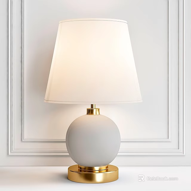 Modern White Table Lamp with Spherical Body Gold Base and Lampshade Against White Paneled Wall 3d model 
