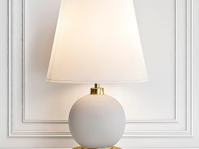 Modern White Table Lamp with Spherical Body Gold Base and Lampshade Against White Paneled Wall 3d model