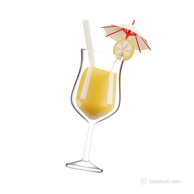 Refreshing Yellow Tropical Drink in Glass with Straw Lemon Slice and Small Umbrella Garnish 3d model 