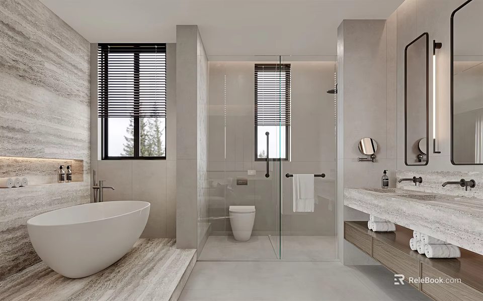 Modern Bathroom Interior With White Bathtub Shower Area Mirror Marble Countertop And Storage Cabinets 3d model 