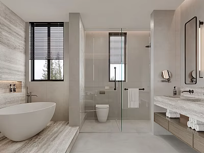 Modern Bathroom Interior With White Bathtub Shower Area Mirror Marble Countertop And Storage Cabinets 3d model