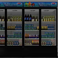 Two Glass Door Beverage Display Refrigerators Stocked with Bottled and Canned Drinks and LED Screens