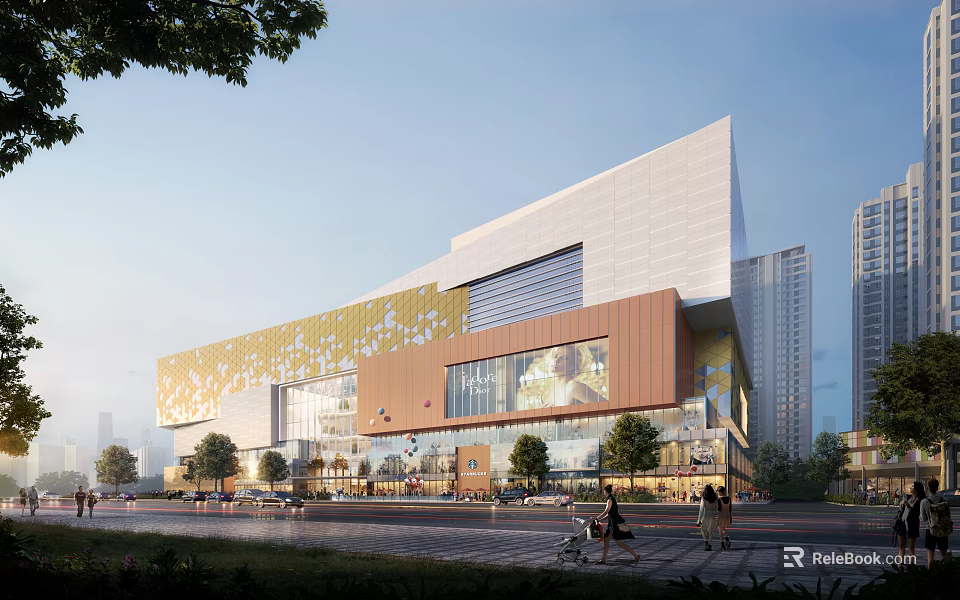 Modern Commercial Complex Exterior Design With Glass Curtain Wall And Tree-lined Pedestrian Area 3d model 