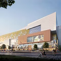 Modern Commercial Complex Exterior Design With Glass Curtain Wall And Tree-lined Pedestrian Area