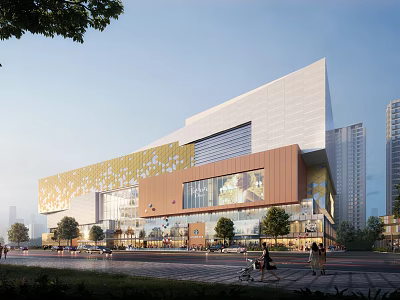 Modern Commercial Complex Exterior Design With Glass Curtain Wall And Tree-lined Pedestrian Area 3d model