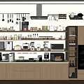 Modern Kitchen Interior With Multiple Appliances Wooden Cabinets Hanging Utensils And Spice Shelves