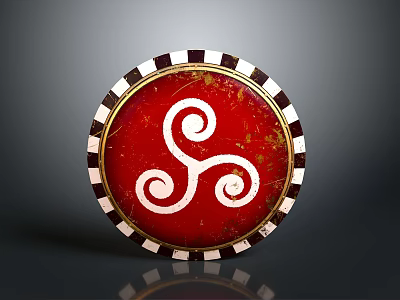 Circular Emblem with Red Background White Spiral Pattern and Black White Checkered Border 3d model