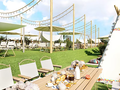 Garden Landscape With Green Lawn White Chairs Sunshades Decorative String Lights And Outdoor Dining Table 3d model