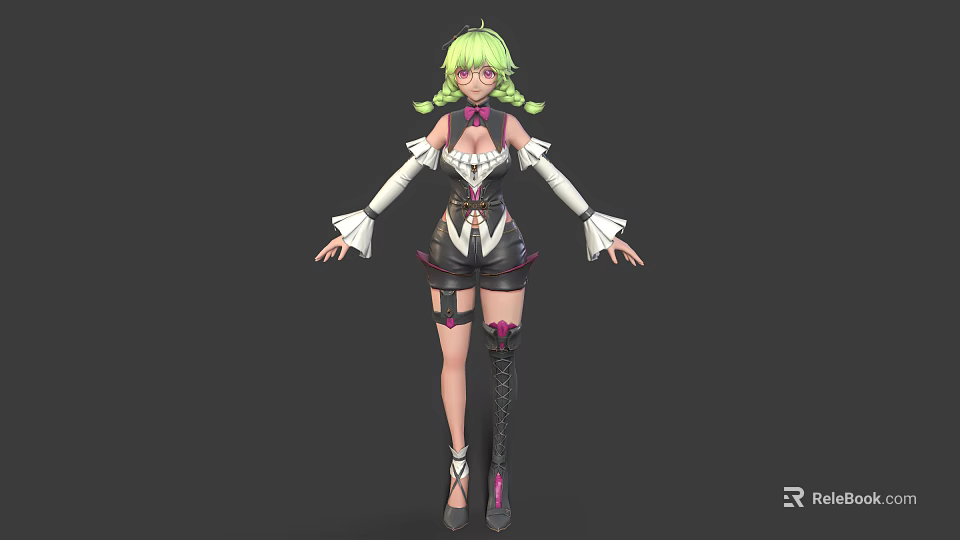Green Haired Twin Tailed Character With White Sleeves And Pet Rabbit In Fantasy Outfit 3d model 