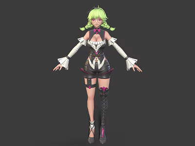 Green Haired Twin Tailed Character With White Sleeves And Pet Rabbit In Fantasy Outfit 3d model