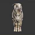 White Goat With Long Hair Horns And Blue Collar Standing On Dark Background