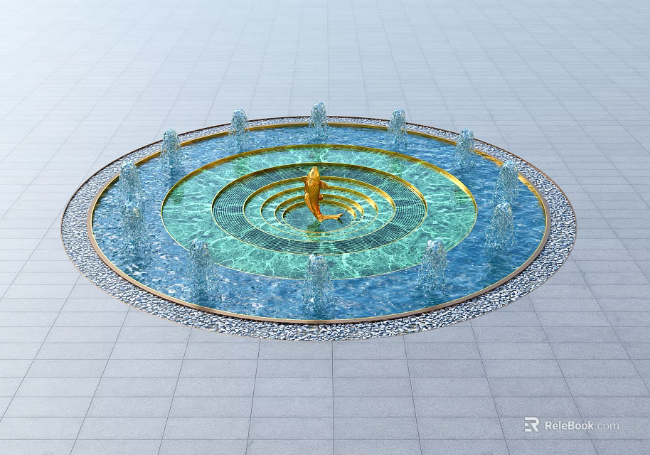 Circular Water Fountain With Golden Sculpture Multi layered Pools Blue Water Jets And Gray Tile Floor 3d model 