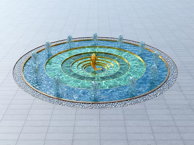 Circular Water Fountain With Golden Sculpture Multi layered Pools Blue Water Jets And Gray Tile Floor 3d model