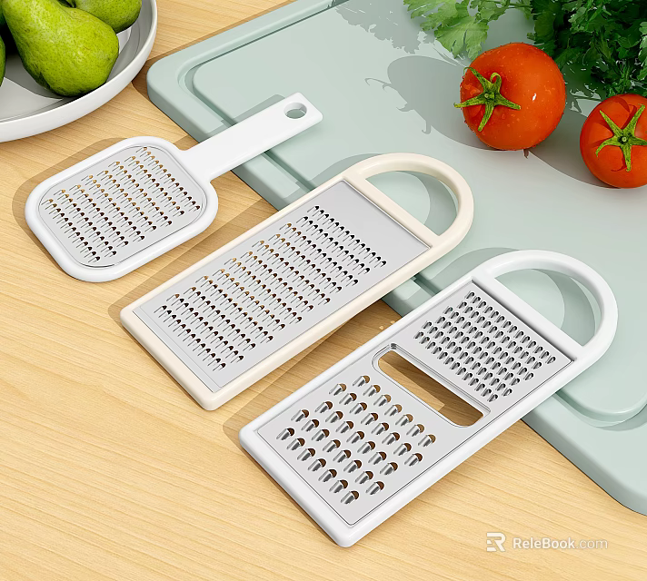 Three Different Sizes White Kitchen Graters On Wooden Countertop With Fresh Vegetables And Cutting Board 3d model 