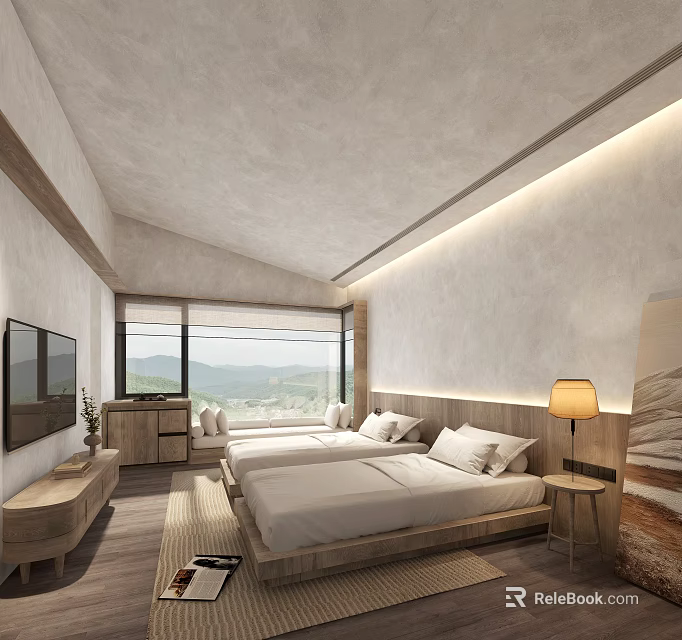 Minimalist Hotel Room Interior With Wooden Furniture Twin Beds And Mountain View Window 3d model 