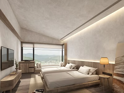Minimalist Hotel Room Interior With Wooden Furniture Twin Beds And Mountain View Window 3d model