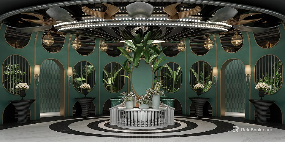 Elegant Luxury Hotel Bathroom Interior With Green Walls Circular Patterns And Pendant Lights 3d model 
