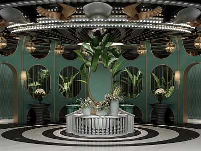 Elegant Luxury Hotel Bathroom Interior With Green Walls Circular Patterns And Pendant Lights 3d model