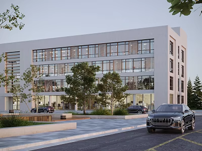 Modern Office Building With Large Glass Windows Landscaping Trees And Parked Cars Outside 3d model