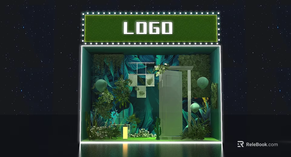 Modern Shop Window Display With Logo Green Plants Sphere Decor And Neon Lights 3d model 