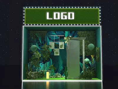 Modern Shop Window Display With Logo Green Plants Sphere Decor And Neon Lights 3d model