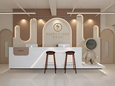 Modern Minimalist Reception Area With White Desk Stools And Astronaut Sculpture 3d model